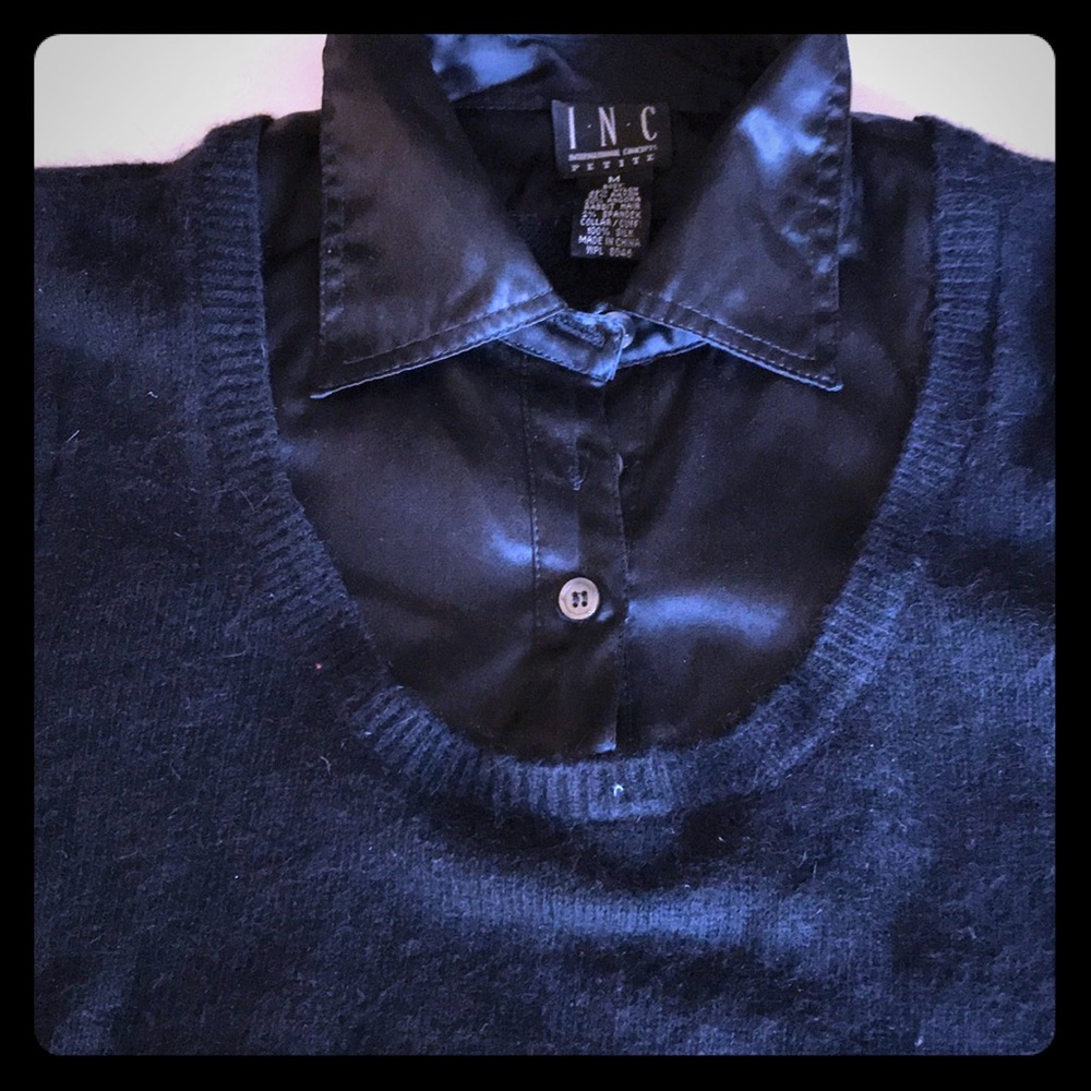 Black angora sweater with faux blouse underneath